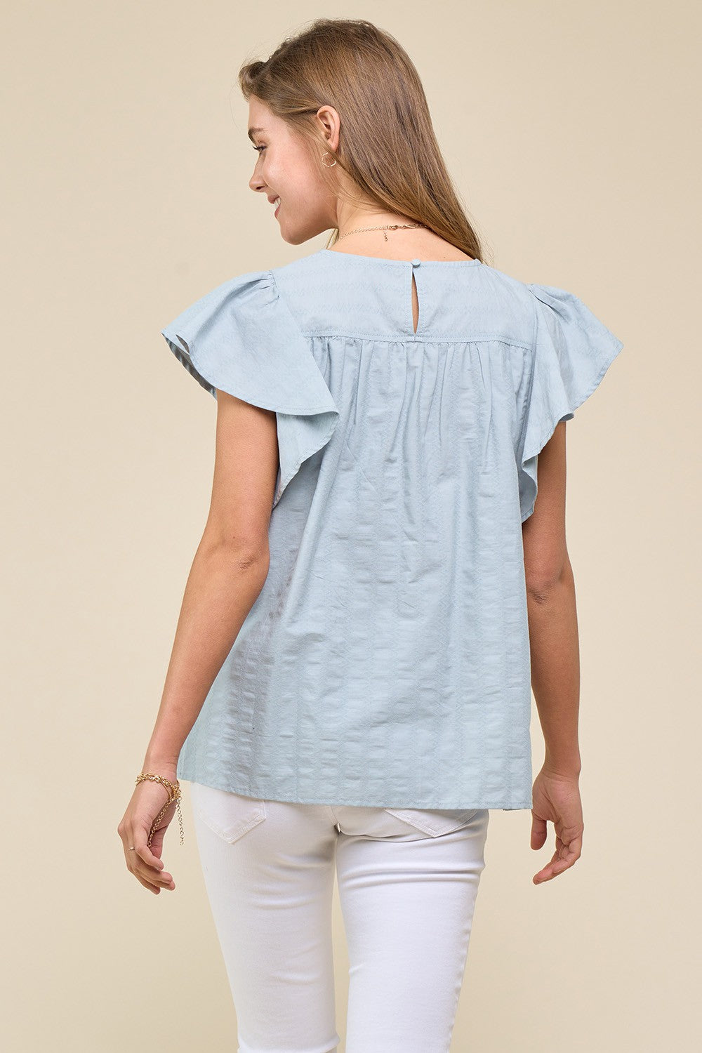 Seafoam Smocked Flutter Sleeve Blouse