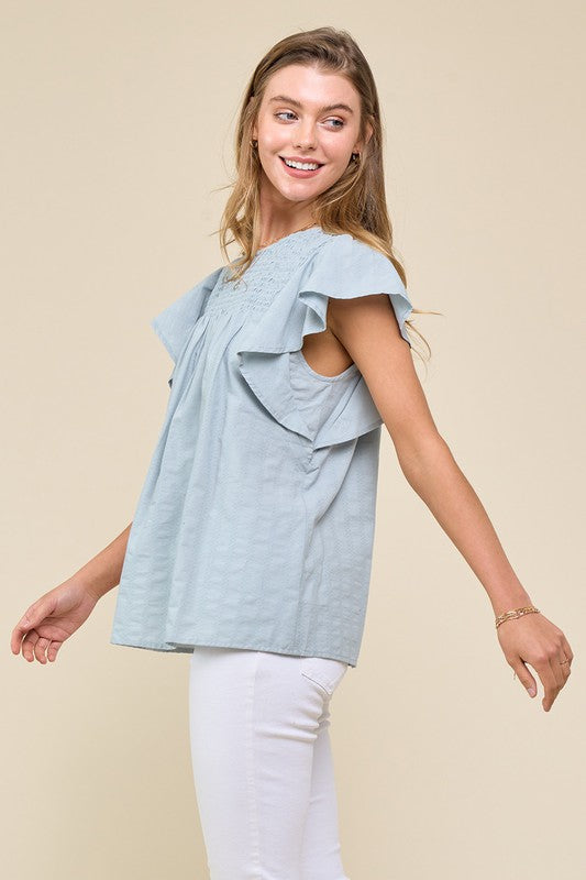 Seafoam Smocked Flutter Sleeve Blouse