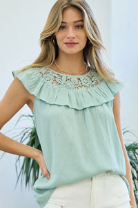 Misty Sage Crochet Ruffle Top