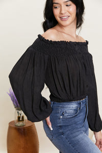 Never Too Chic Off-Shoulder Button Front Crop Top