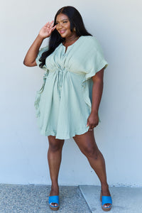 Out Of Time Ruffle Hem Dress with Drawstring Waistband in Light Sage