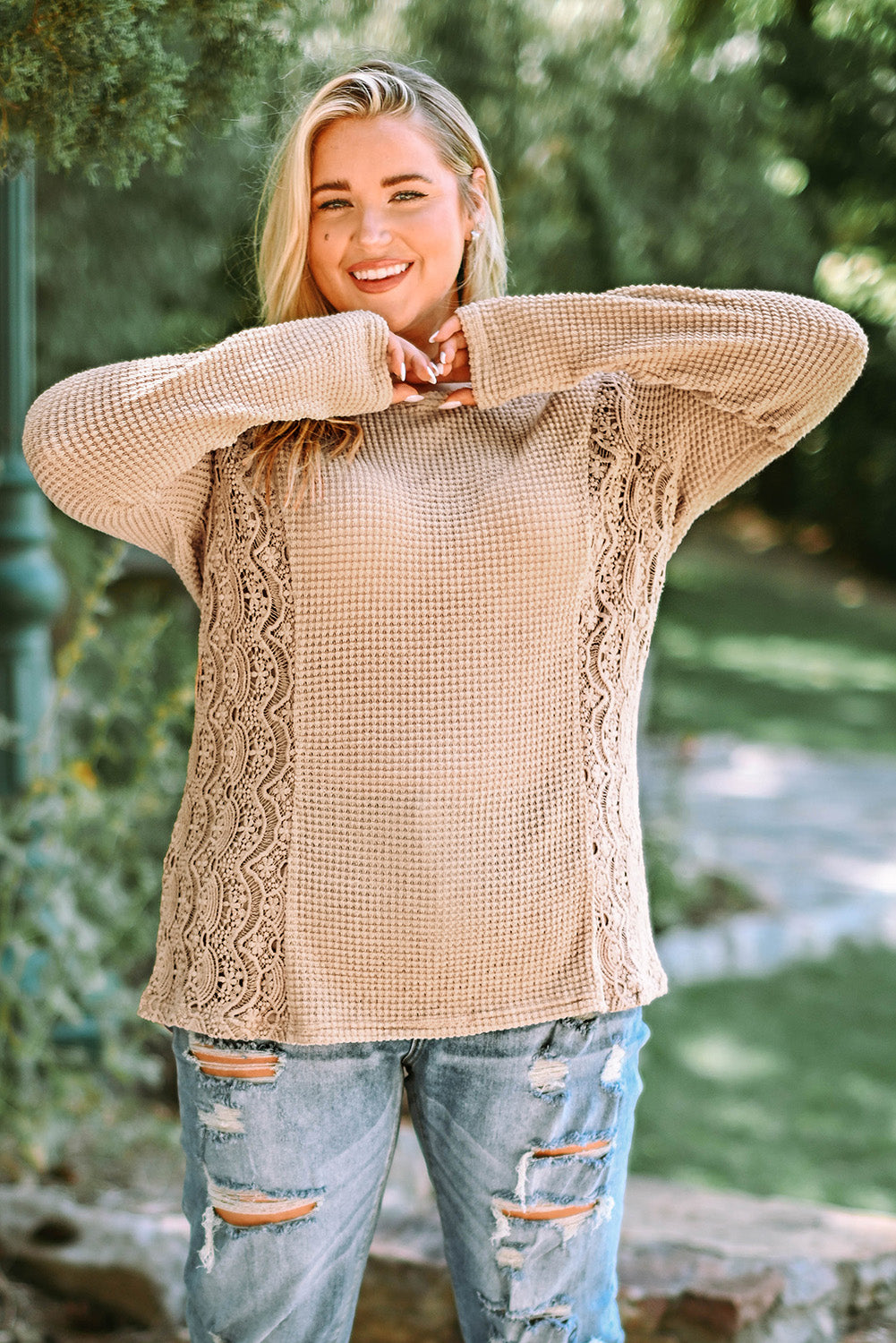 Waffle-Knit Spliced Lace Top