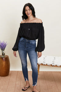 Never Too Chic Off-Shoulder Button Front Crop Top