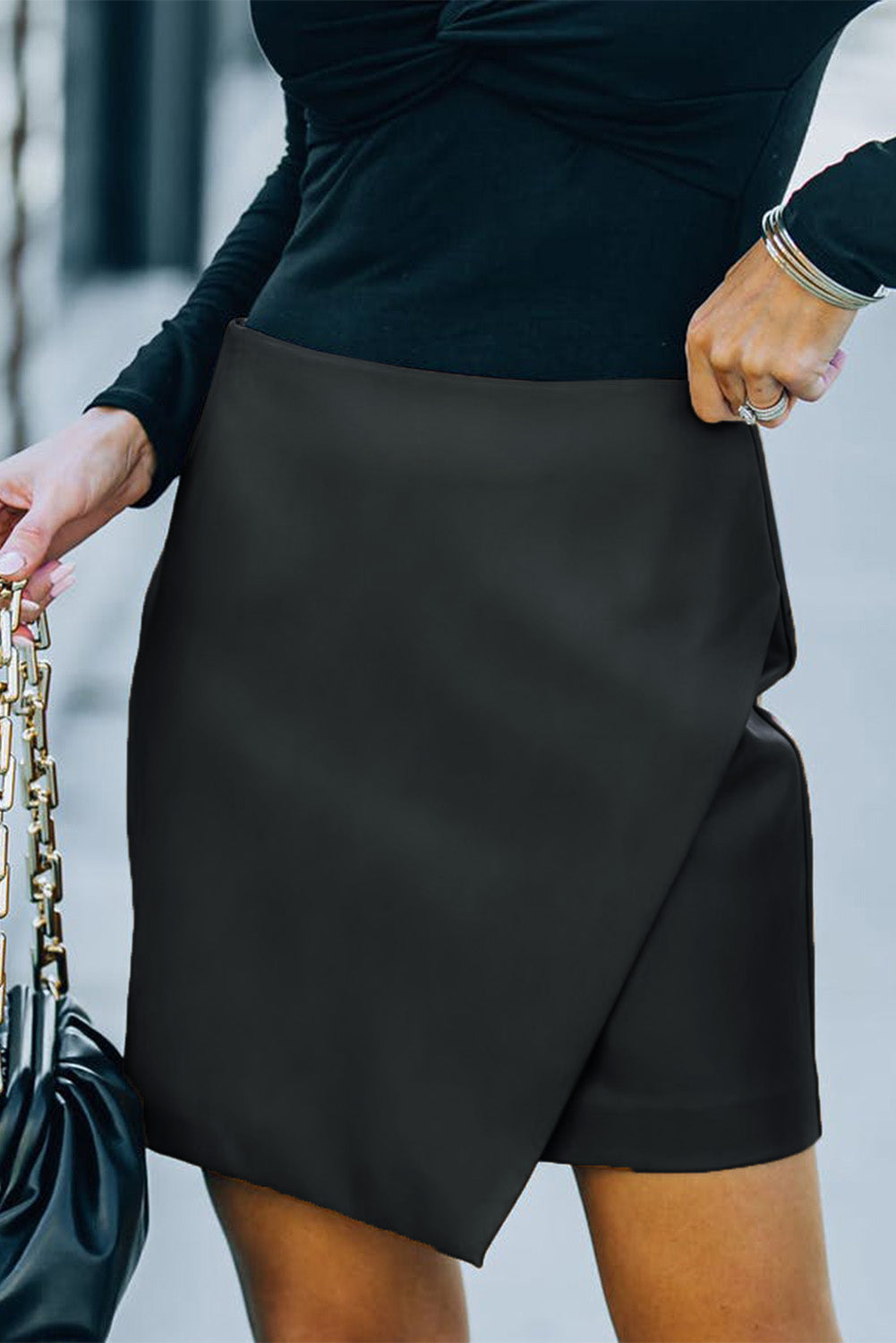 Asymmetrical Faux Leather Mini Skirt in Black