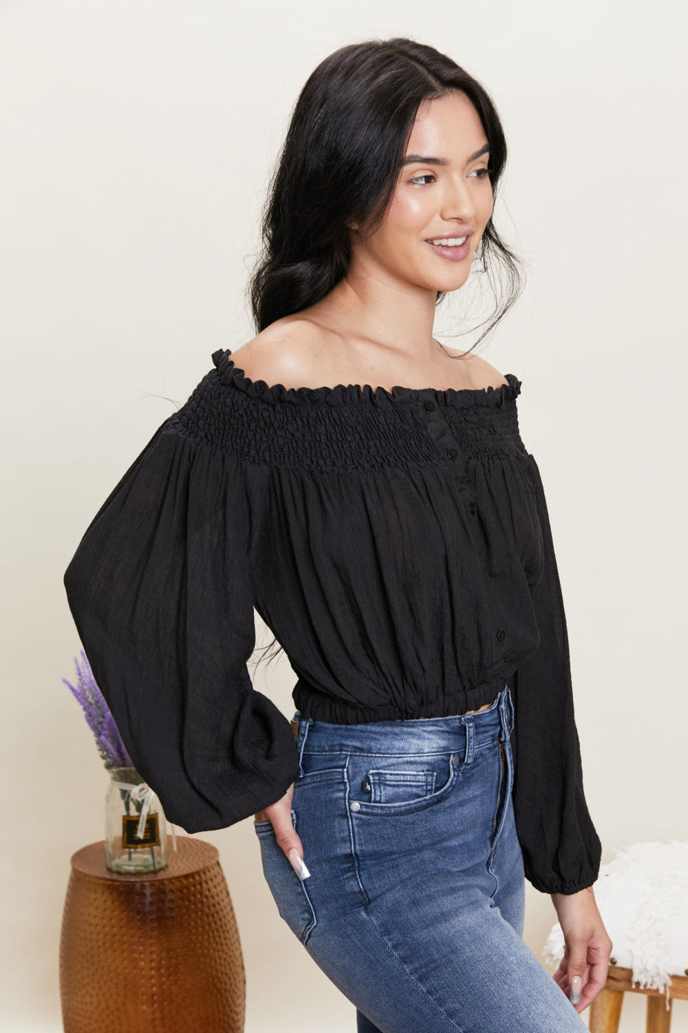 Never Too Chic Off-Shoulder Button Front Crop Top