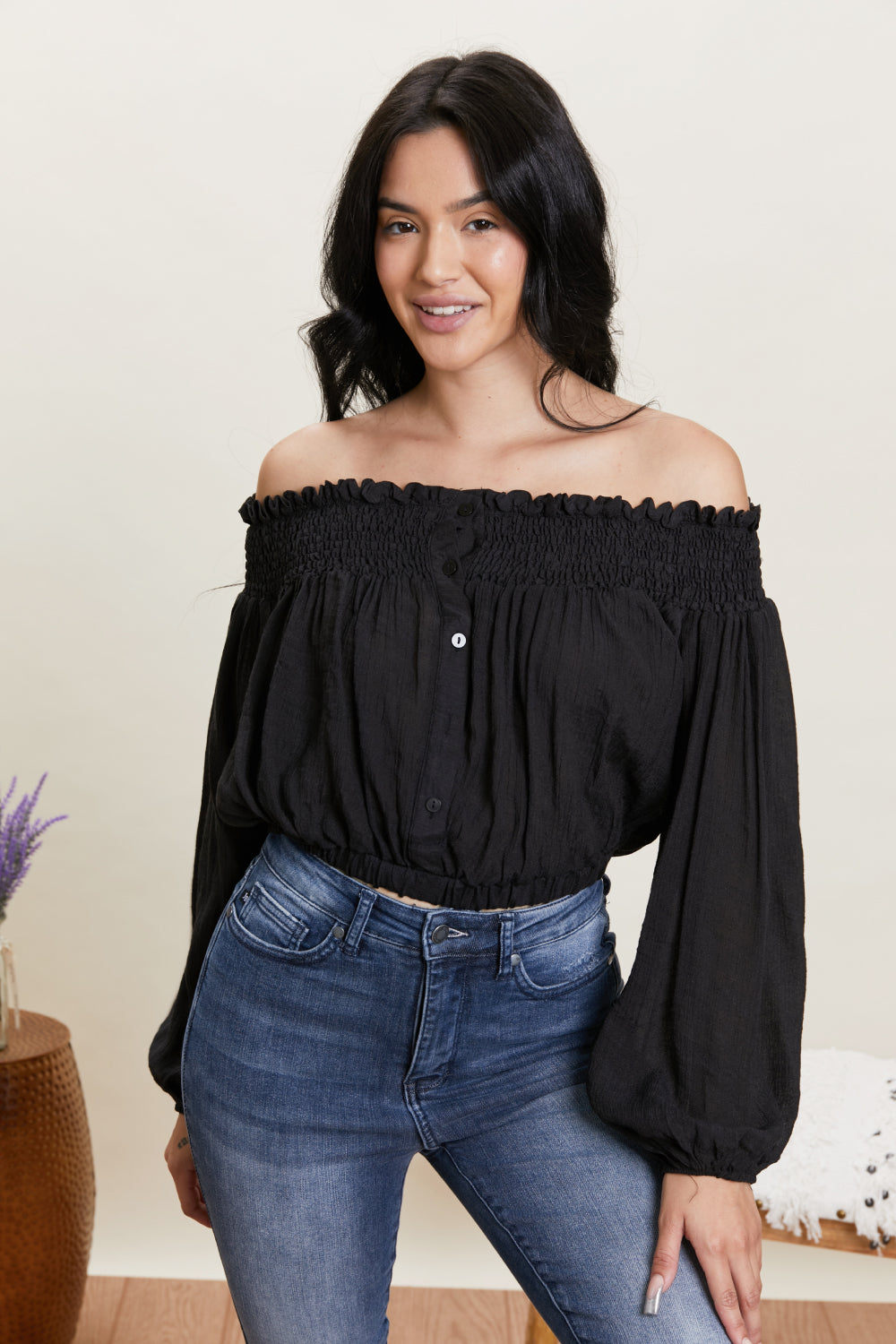 Never Too Chic Off-Shoulder Button Front Crop Top