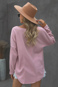 Pink Grommet Long Sleeve V-Neck Top