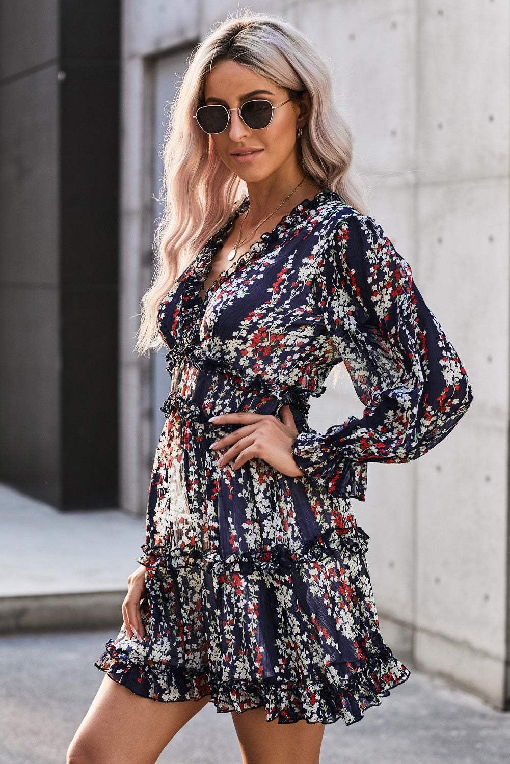 Take the Plunge Floral Flounce Dress