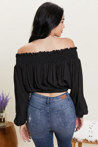 Never Too Chic Off-Shoulder Button Front Crop Top