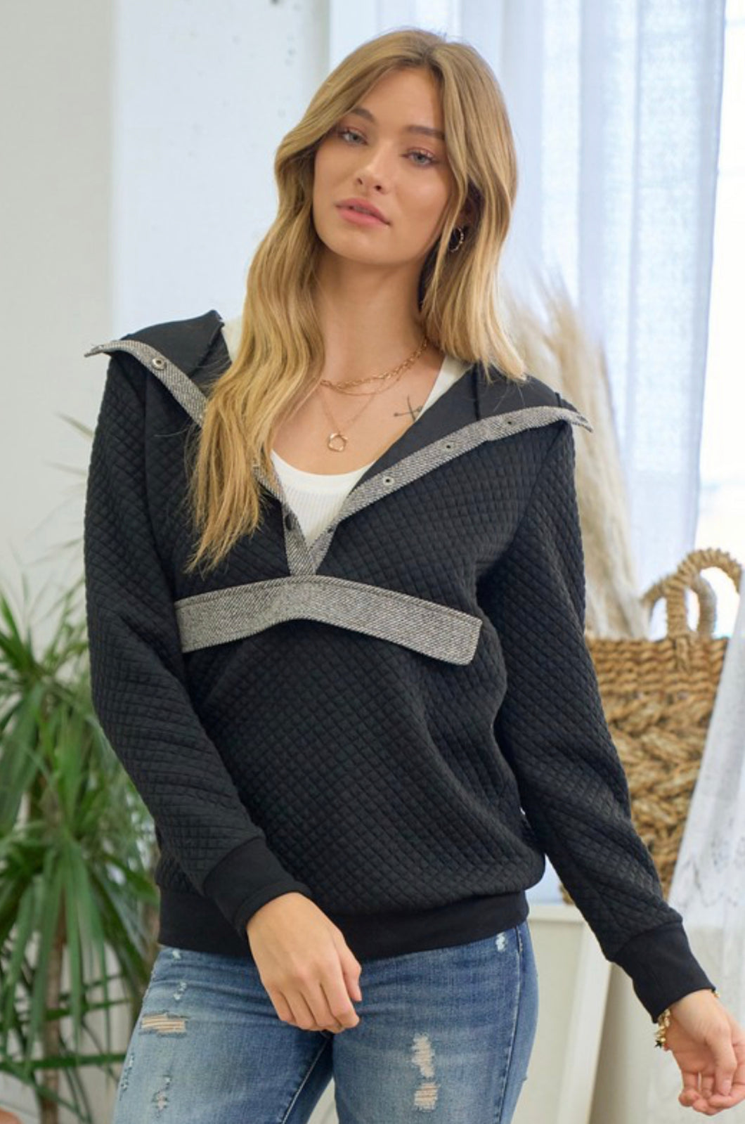 Black Quilted Hooded Pullover