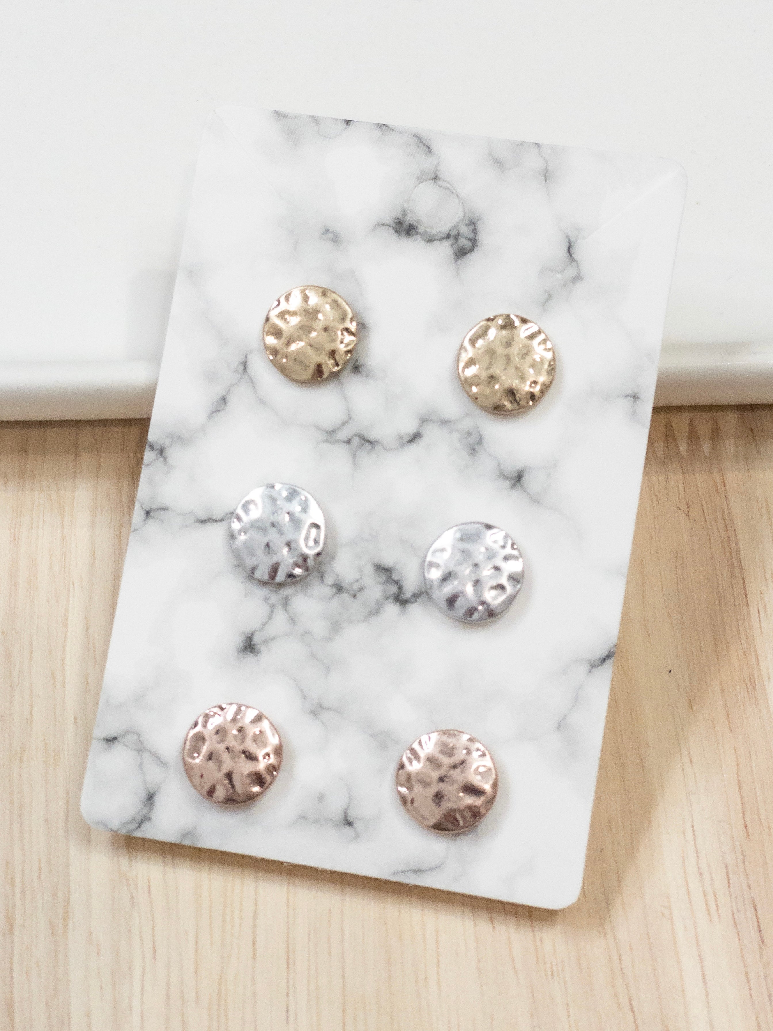 Hammered Round Stud Earring Trio