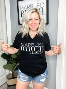 Marbled Birch Logo V-Neck Tee in Black