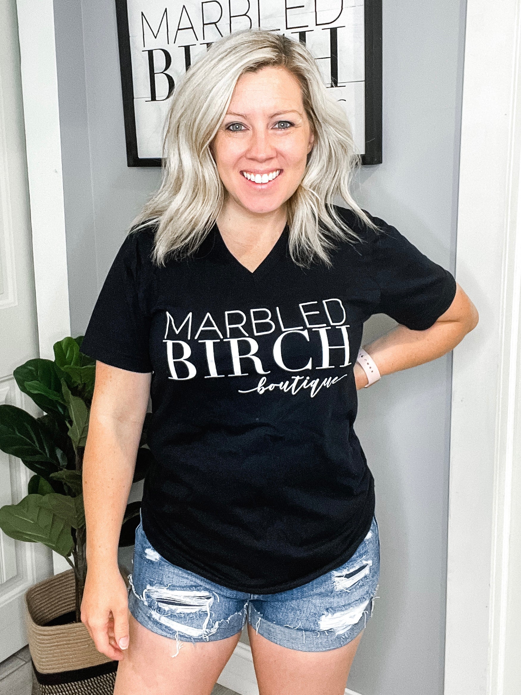 Marbled Birch Logo V-Neck Tee in Black