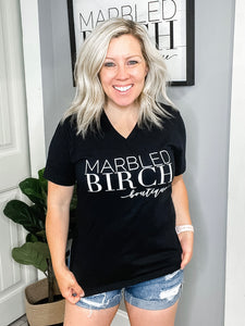 Marbled Birch Logo V-Neck Tee in Black