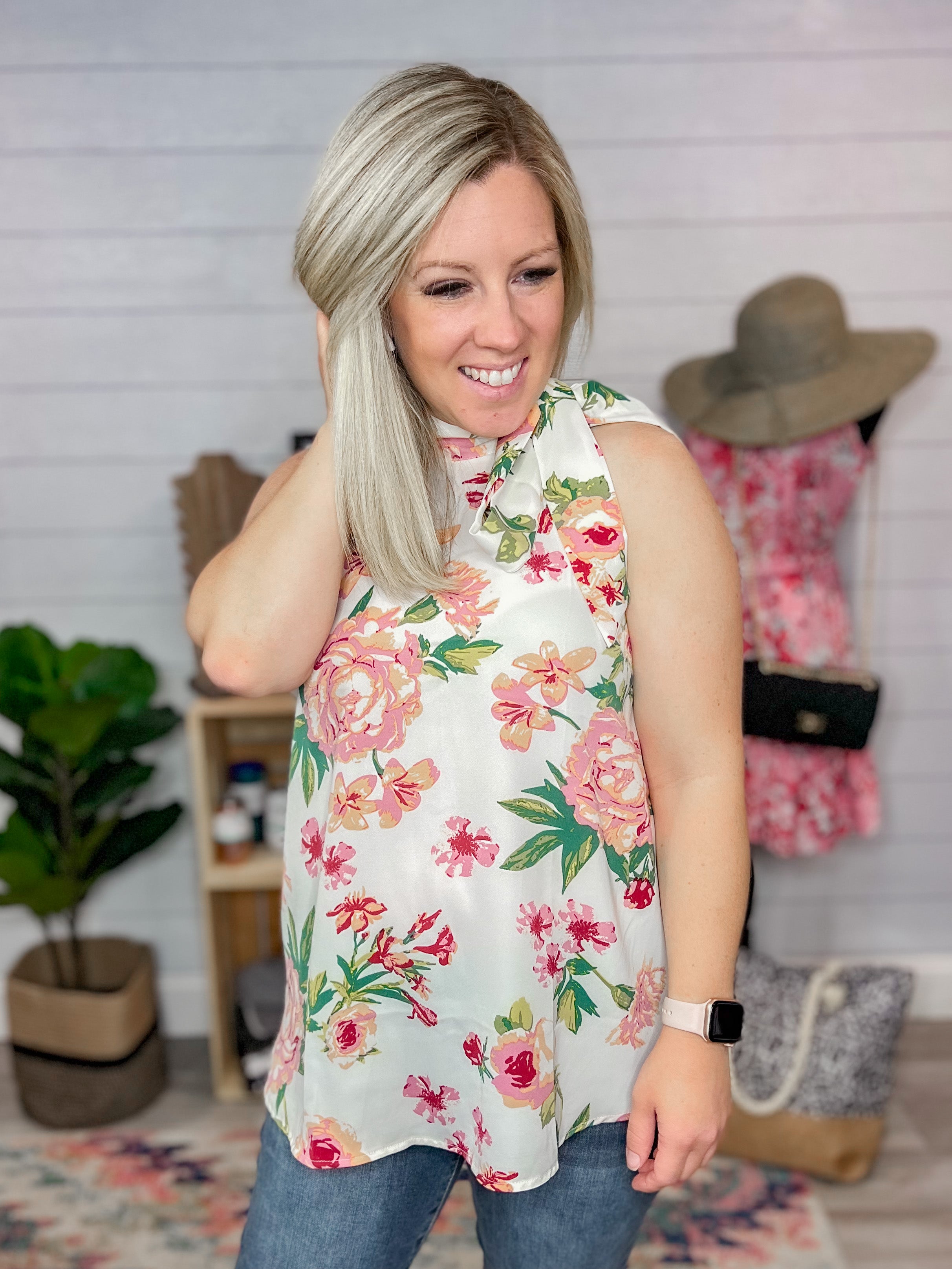 Floral Tie Neck Sleeveless Top
