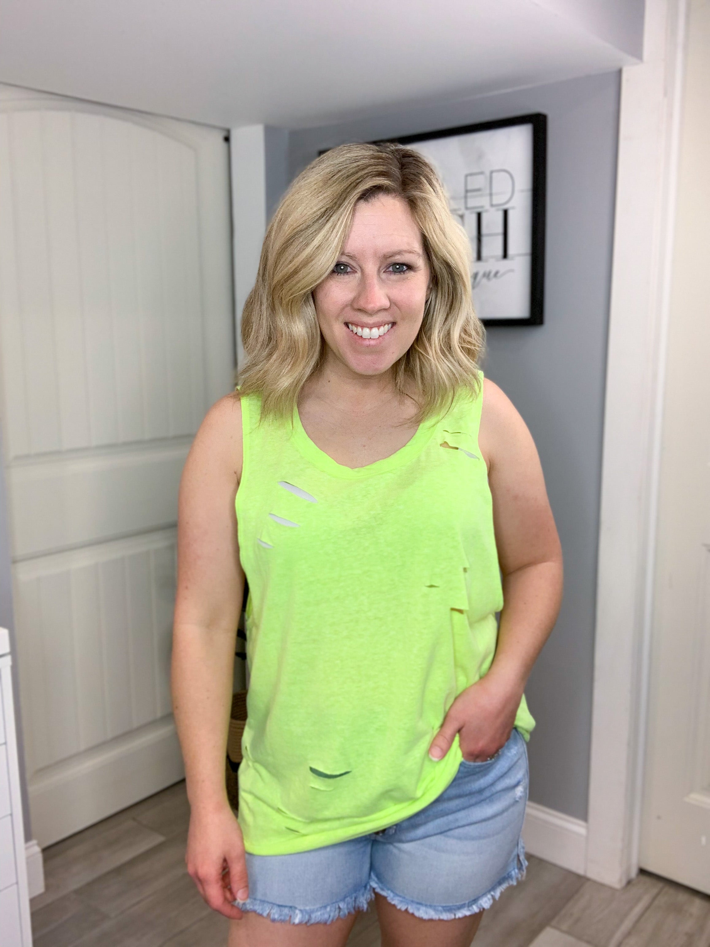 DOORBUSTER Distressed Neon Boyfriend Tank