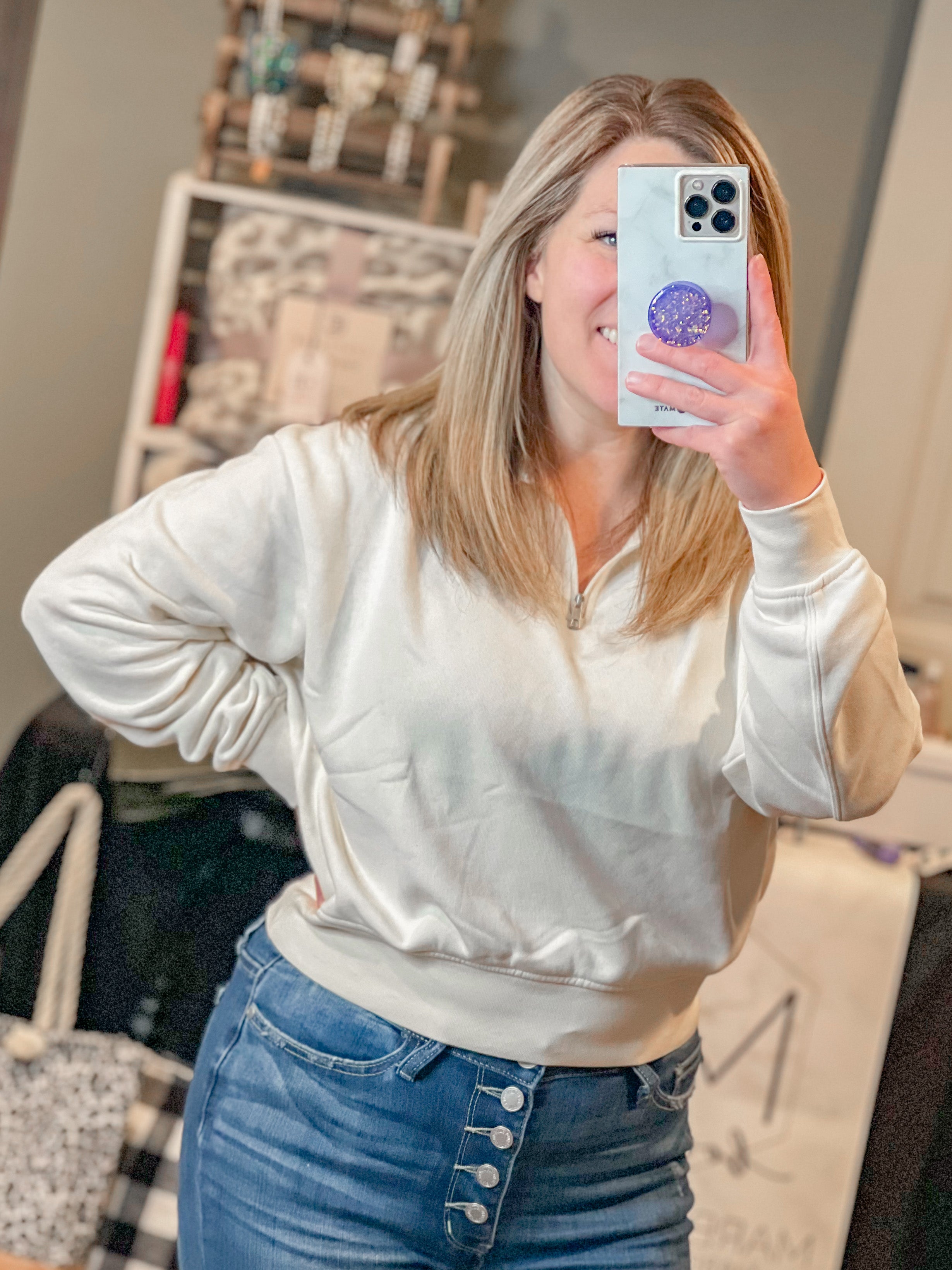 Quarter-Zip Dropped Shoulder Crop Pullover