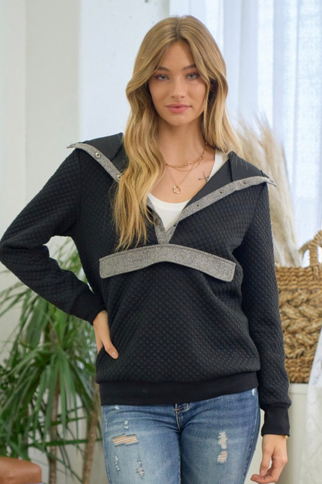 Black Quilted Hooded Pullover