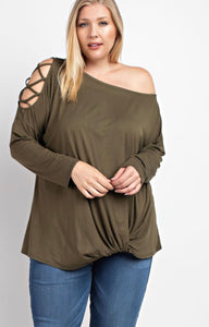 Dark Olive Criss-Cross Off-Shoulder (Plus)