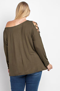 Dark Olive Criss-Cross Off-Shoulder (Plus)