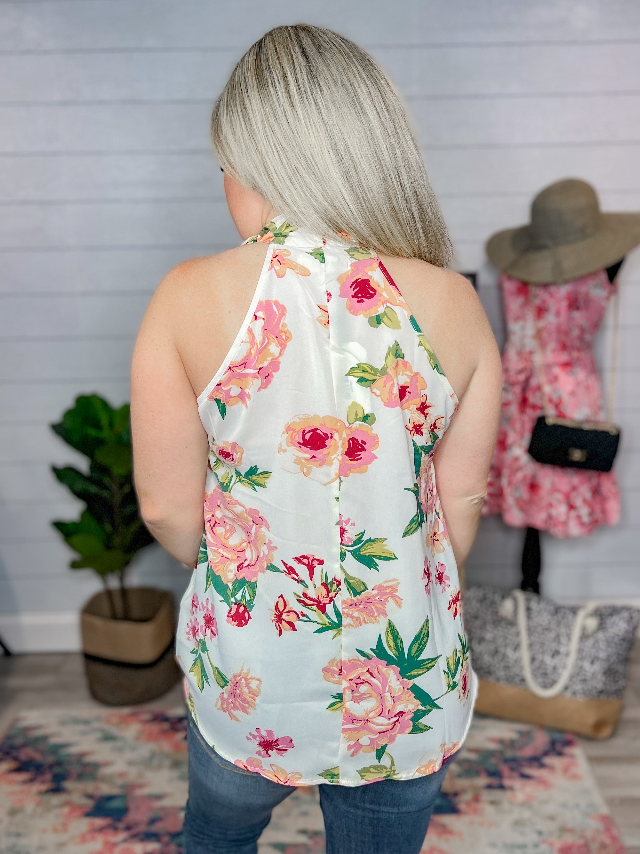 Floral Tie Neck Sleeveless Top