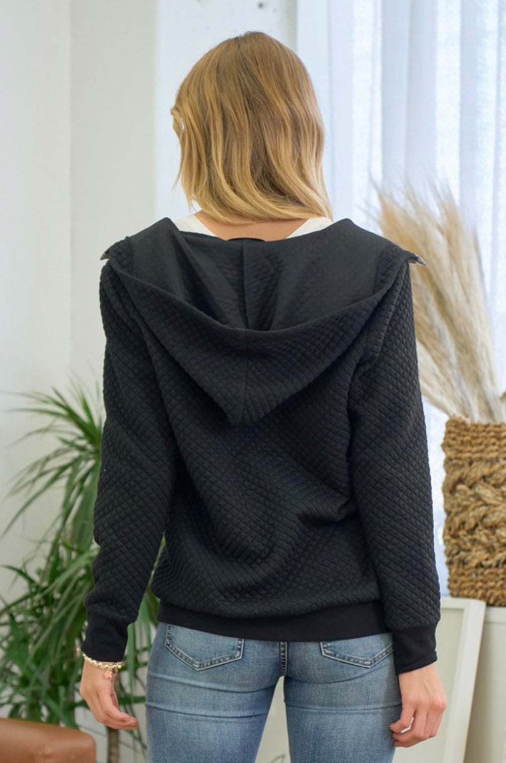 Black Quilted Hooded Pullover
