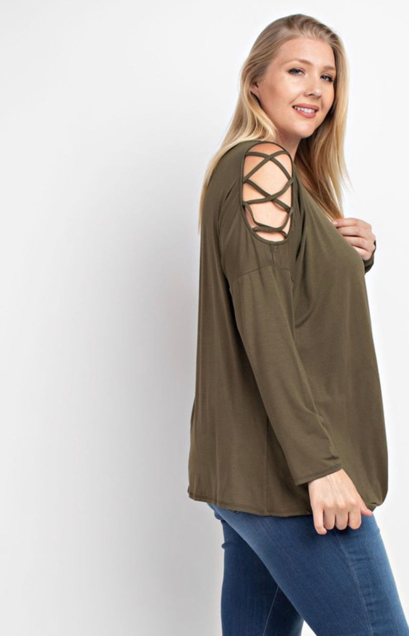 Dark Olive Criss-Cross Off-Shoulder (Plus)